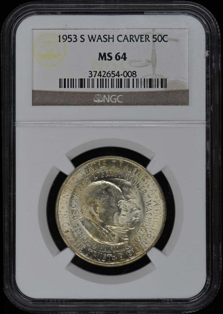 1953-S Silver Washington-Carver Commemorative Half Dollar NGC MS64: 1953-S Silver Washington-Carver Commemorative Half Dollar NGC MS64 This is a 1953-S Washington-Carver silver commemorative half dollar, graded MS64 by NGC. The coin was minted in San Francisco and rem
