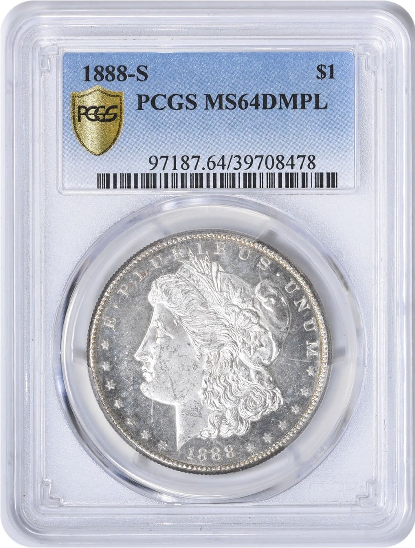 1888-S Morgan Silver Dollar MS64DMPL PCGS Uncirculated Coin: 1888-S Morgan Silver Dollar MS64DMPL PCGS Uncirculated Coin This 1888-S Morgan Silver Dollar is a stunning piece, graded MS64DMPL by PCGS, reflecting its high quality and preserved condition. The coin