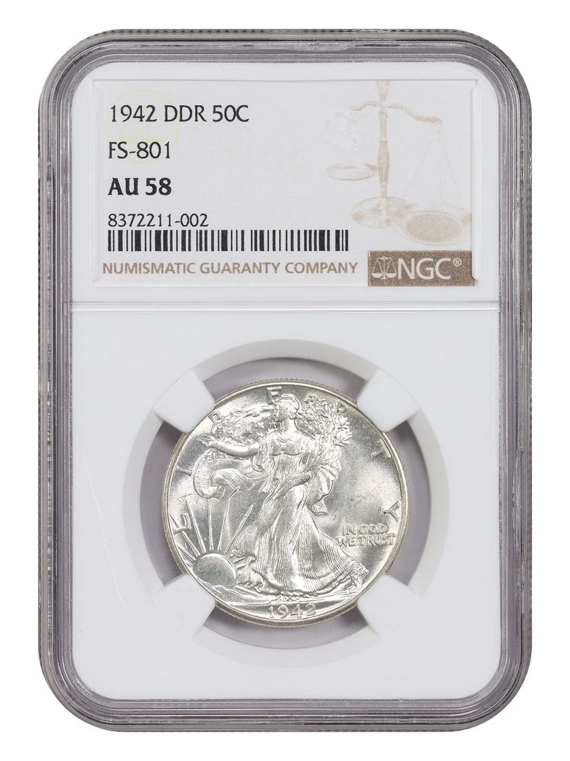 NGC AU58 1942 Walking Liberty Half Dollar DDR FS-801: NGC AU58 1942 Walking Liberty Half Dollar DDR FS-801 This is a 1942 Walking Liberty Half Dollar graded AU58 by NGC. The coin features the DDR, FS-801 variety and was minted in Philadelphia. It is a ci