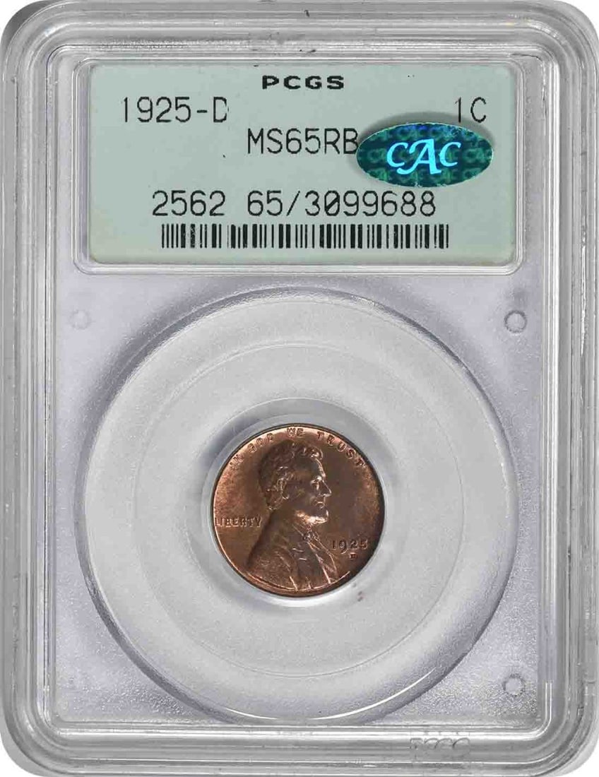 PCGS MS65RB 1925-D Lincoln Wheat Cent OGH CAC: PCGS MS65RB 1925-D Lincoln Wheat Cent OGH CAC This is a 1925-D Lincoln Wheat Cent graded MS65RB by PCGS and housed in an Old Green Holder (OGH). The coin is uncirculated and features a copper composit
