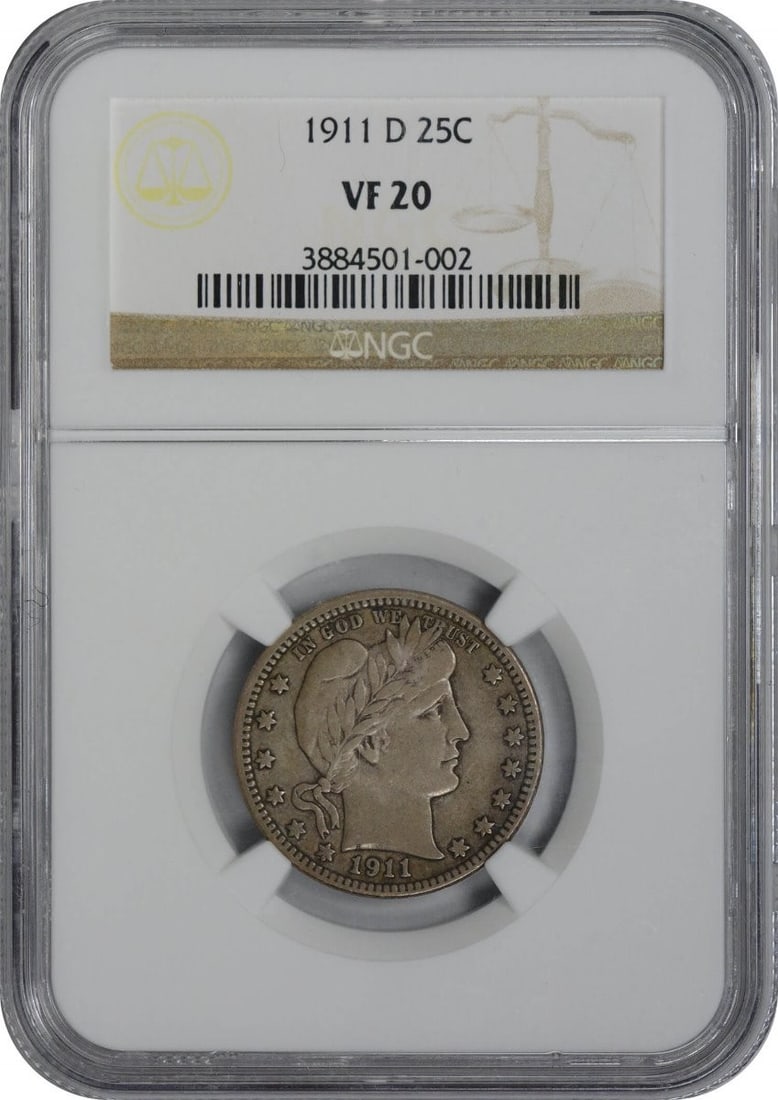 1911-D Barber Silver Quarter VF20 NGC Certified Coin (1 of 2)