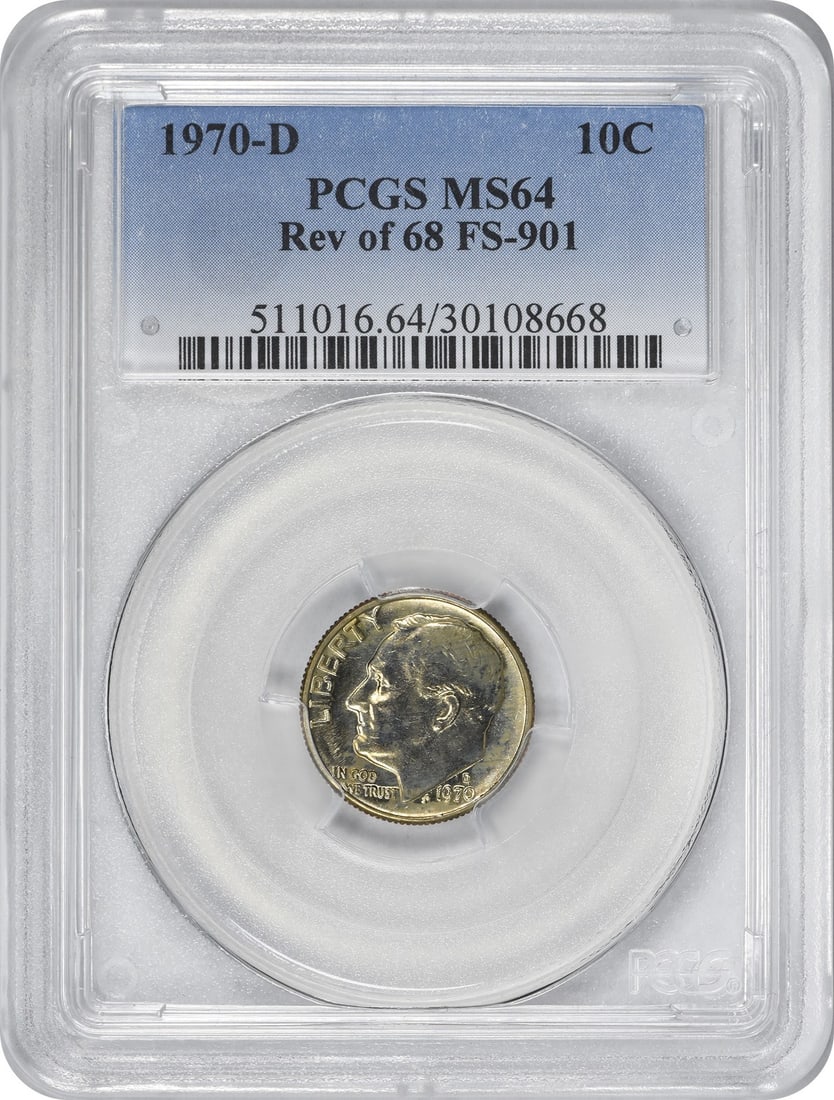 1970-D Roosevelt Dime Reverse of 1968 MS64 PCGS Certified: 1970-D Roosevelt Dime Reverse of 1968 MS64 PCGS Certified This 1970-D Roosevelt Dime features the reverse design from 1968 and is graded MS64 by PCGS, ensuring its high quality. It is an uncirculated