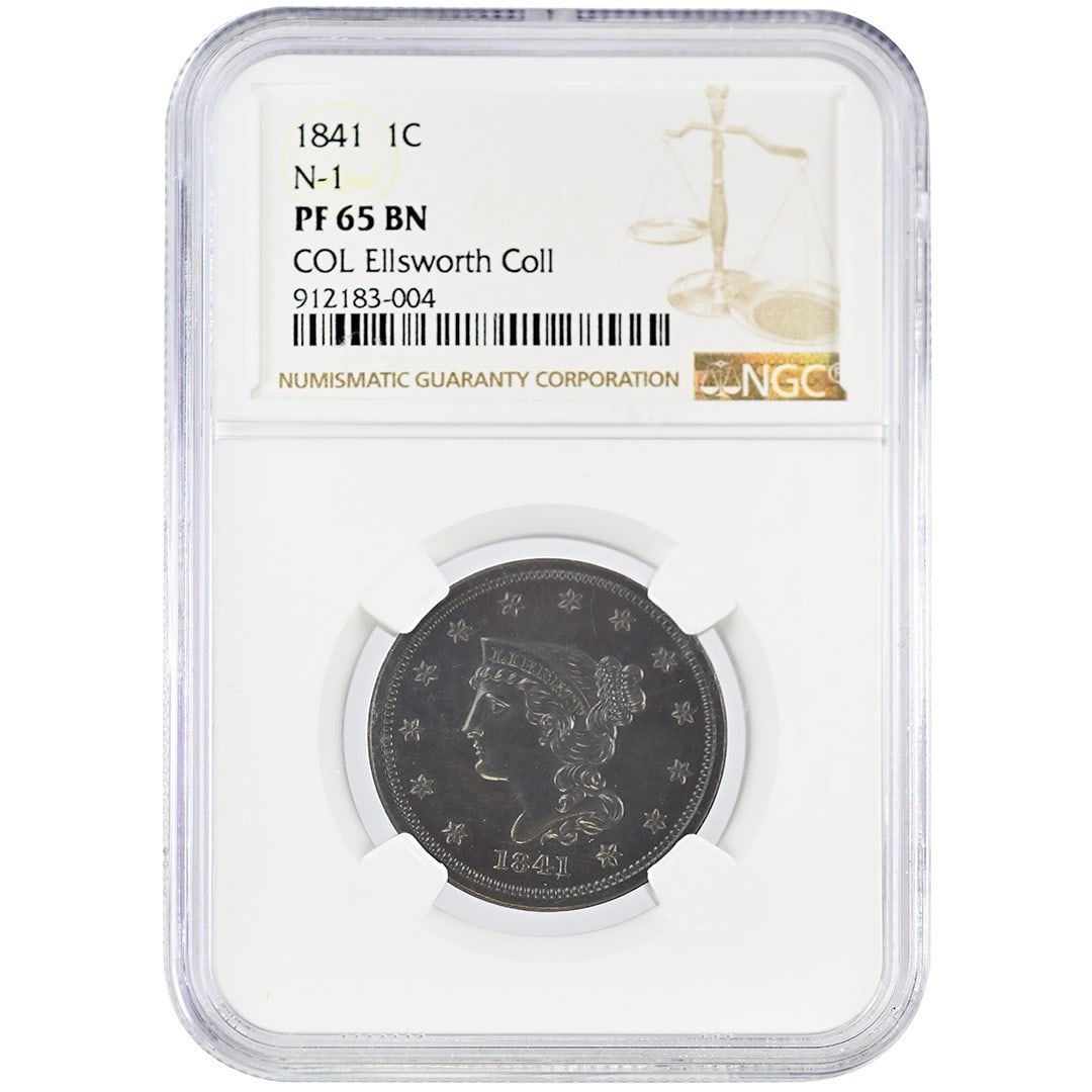 1841 Braided Hair Proof Cent NGC PF65BN Ellsworth Collection: 1841 Braided Hair Proof Cent NGC PF65BN Ellsworth Collection This is an 1841 Braided Hair Cent graded PF65BN by NGC, featuring a proof strike and composed of copper. The coin originates from the Phila