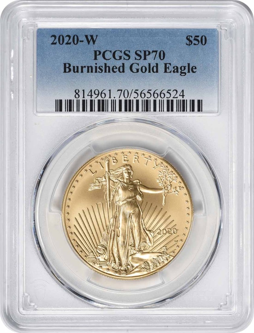 PCGS SP70 Burnished 2020-W $50 Gold American Eagle Coin: PCGS SP70 Burnished 2020-W $50 Gold American Eagle Coin This 2020-W $50 American Gold Eagle coin is a burnished strike graded SP70 by PCGS. Minted at West Point, it features designs by Augustus Saint-