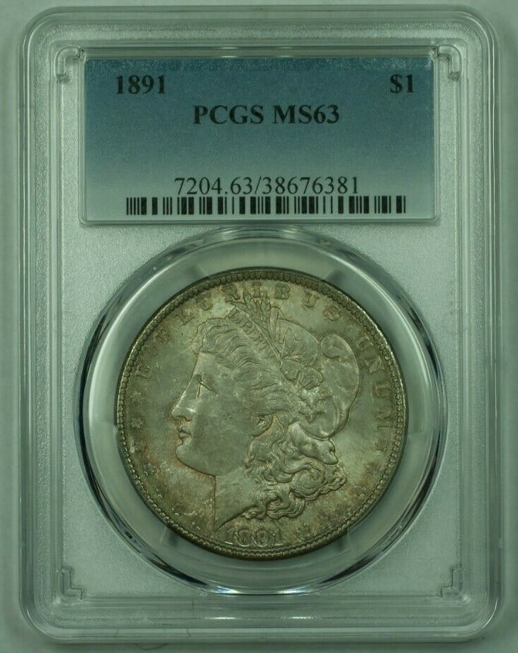 PCGS MS-63 1891 Philadelphia Morgan Silver Dollar Uncirculated US Coin: PCGS MS-63 1891 Philadelphia Morgan Silver Dollar Uncirculated US Coin This 1891 Morgan Silver Dollar is graded MS-63 by PCGS and features attractive toning. Struck in Philadelphia, this uncirculated 