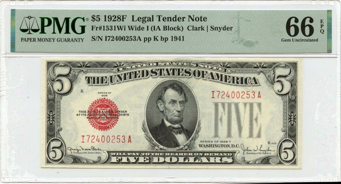 1928F $5 Legal Tender Note Wide I PMG Gem 66 EPQ: 1928F $5 Legal Tender Note Wide I PMG Gem 66 EPQ This 1928F $5 Legal Tender Note, featuring the wide I variety, is a prized collectible for currency enthusiasts. Graded by PMG as Gem 66 EPQ, this note