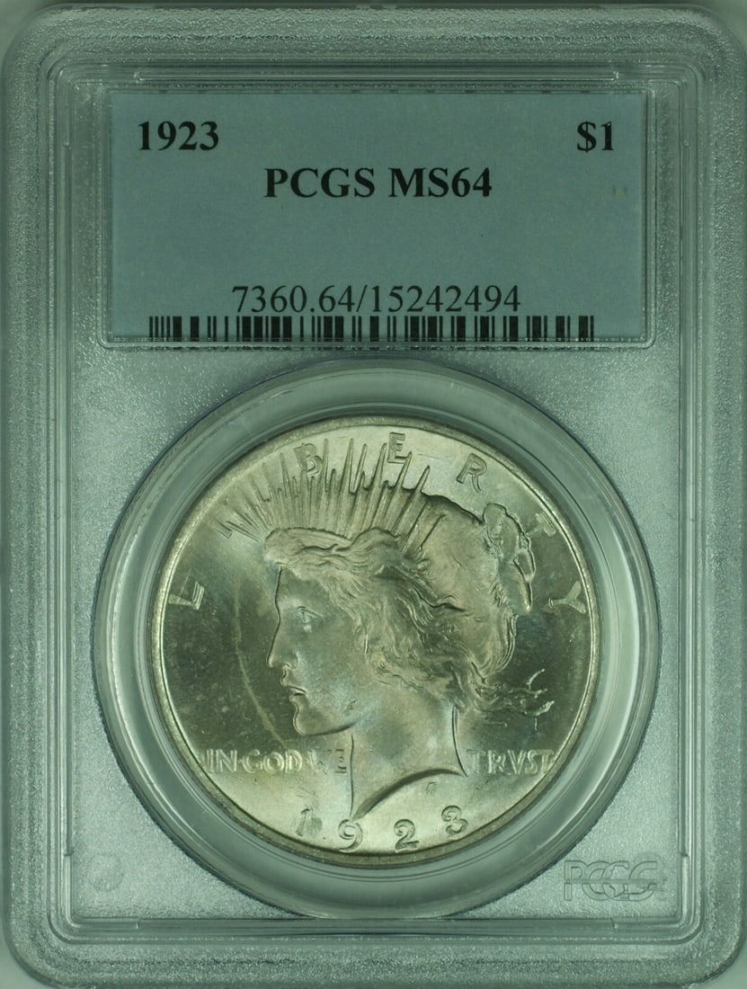 PCGS MS64 1923 Peace Dollar Silver Coin Philadelphia Mint: PCGS MS64 1923 Peace Dollar Silver Coin Philadelphia Mint This is a 1923 Peace Silver Dollar $1 coin certified by PCGS with a grade of MS-64. The coin was minted in Philadelphia and is composed of sil