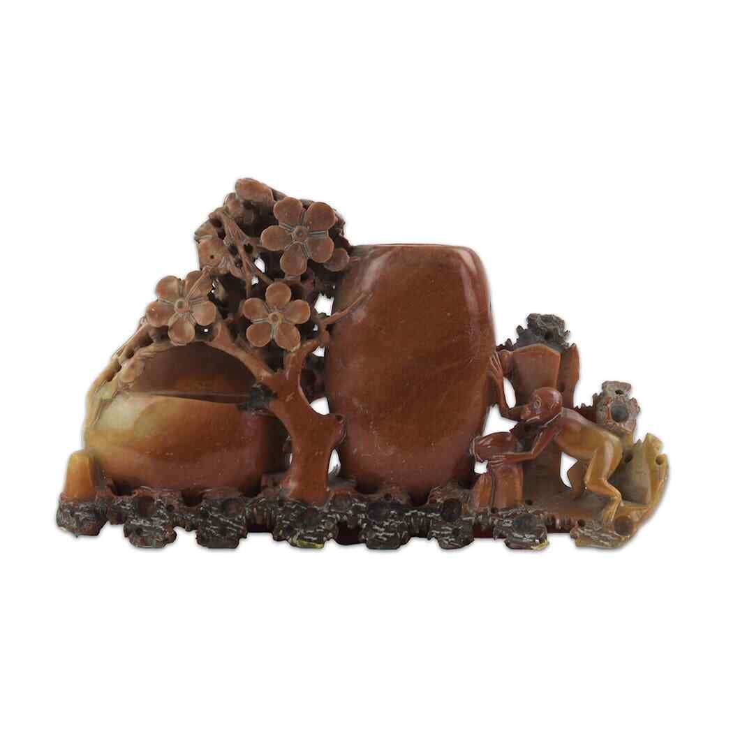 Chinese soapstone monkey floral double vase carving (1 of 7)