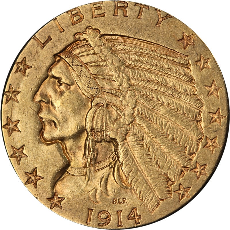 1914-D Indian Head Five Dollar Gold Coin AU Grade United States: 1914-D Indian Head Five Dollar Gold Coin AU Grade United States This 1914-D Indian Gold $5 coin from the United States is an attractive example featuring nice eye appeal, strong luster, and a well-def