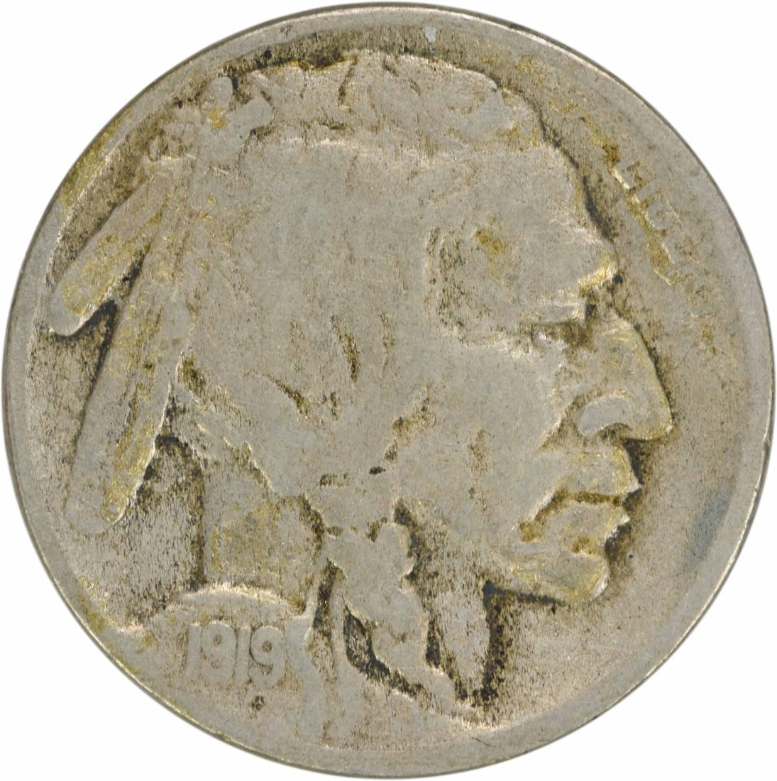 1919-S Buffalo Nickel Circulated F Uncertified Coin: 1919-S Buffalo Nickel Circulated F Uncertified Coin This 1919-S Buffalo Nickel is a classic piece of American coinage, featuring the iconic design by James Earle Fraser. Minted in San Francisco, this 