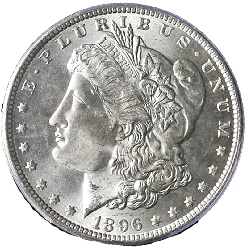 PCGS MS65 1896-P Morgan Dollar Uncirculated Silver Gem: PCGS MS65 1896-P Morgan Dollar Uncirculated Silver Gem This 1896-P Morgan Silver Dollar is certified by PCGS with a grade of MS65. It features a blazing white appearance, excellent luster, and a sharp