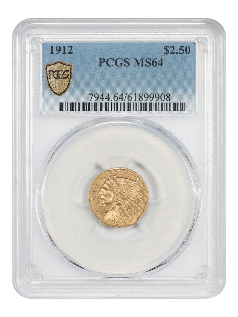 1912 Indian $2.50 Gold Coin PCGS MS64 Philadelphia: 1912 Indian $2.50 Gold Coin PCGS MS64 Philadelphia This 1912 $2.50 Indian gold coin is graded MS64 by PCGS and was minted in Philadelphia. It is part of the Indian $2.5 gold coin series, designed by r