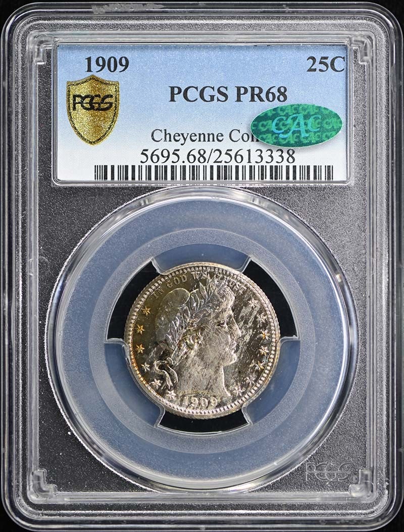 1909 Proof Barber Quarter PCGS PR68 CAC: 1909 Proof Barber Quarter PCGS PR68 CAC This 1909 Barber Quarter is a Proof strike graded PR68 by PCGS, with a CAC designation. Minted in Philadelphia, this coin is uncirculated and comes from the Uni