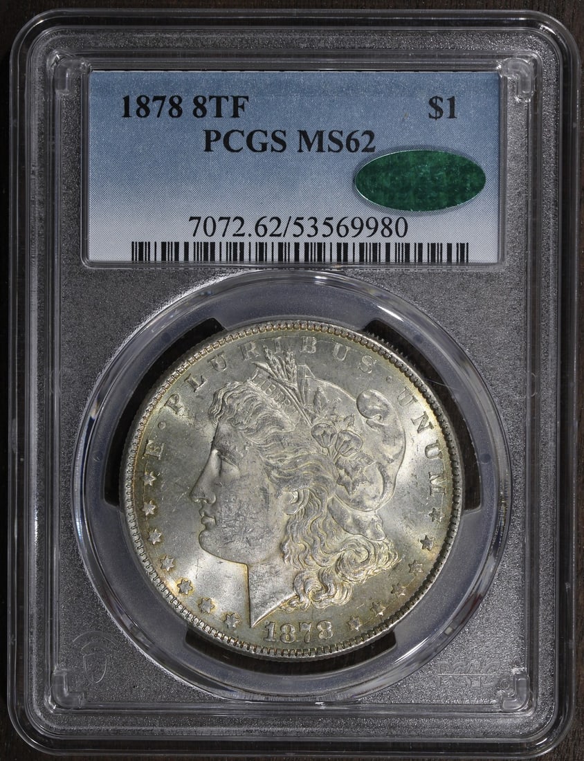 PCGS MS62 1878 Morgan Silver Dollar 8 Tailfeather CAC: PCGS MS62 1878 Morgan Silver Dollar 8 Tailfeather CAC This is an 1878 Morgan Silver Dollar featuring the 8 Tailfeather variety, graded MS62 by PCGS and approved by CAC. Struck in Philadelphia, this un