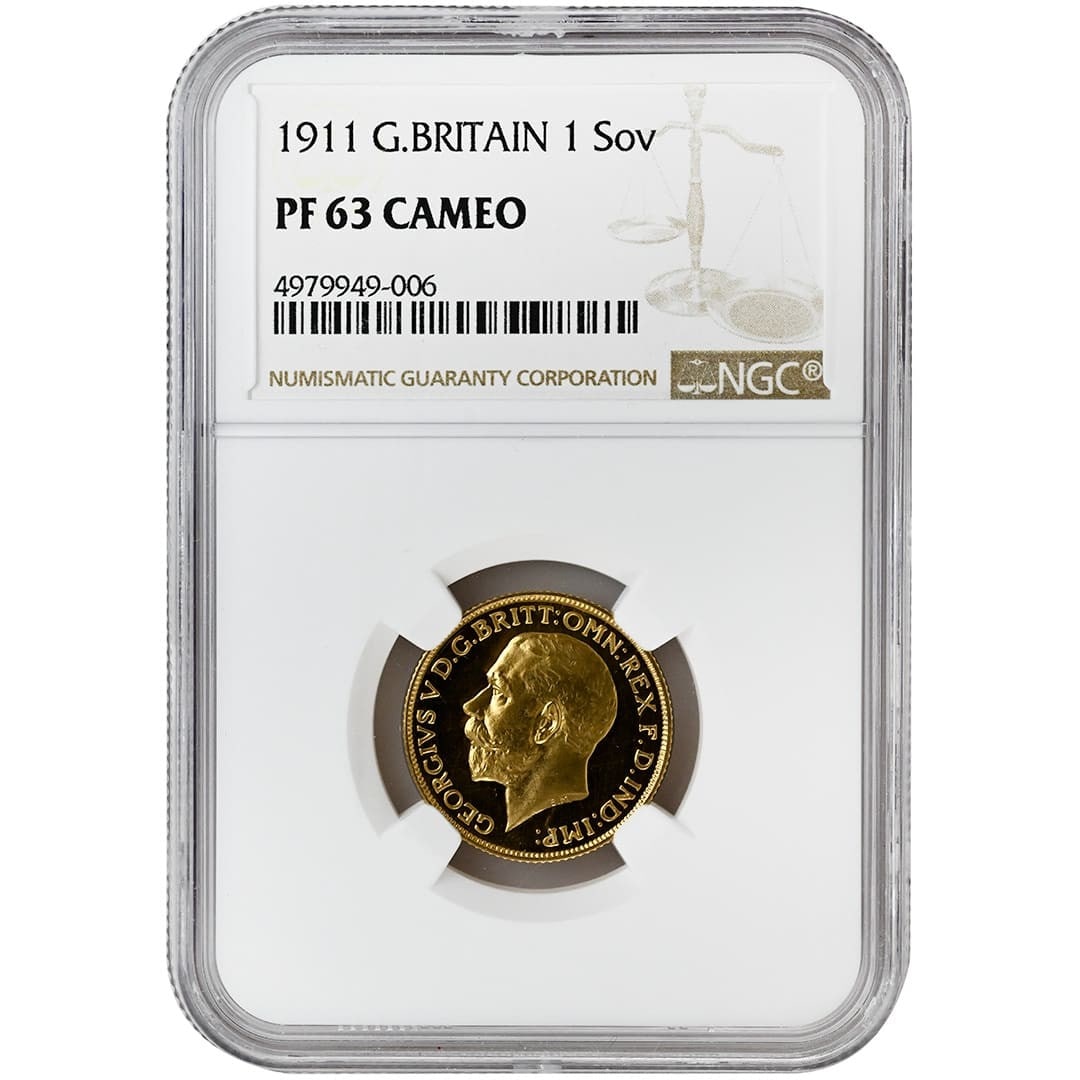 George V 1911 Gold 1 Sovereign NGC PF63CAM: George V 1911 Gold 1 Sovereign NGC PF63CAM This 1911 Sovereign gold coin from Great Britain features King George V and is graded PF63CAM by NGC. The coin is uncirculated and displays strong proof surf