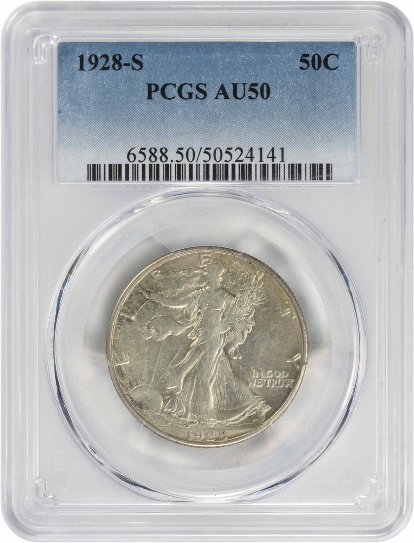 1928-S Walking Liberty Half Dollar AU50 PCGS Silver Coin: 1928-S Walking Liberty Half Dollar AU50 PCGS Silver Coin This 1928-S Walking Liberty Silver Half Dollar is a remarkable collectible coin, graded AU50 by PCGS. Minted in San Francisco, this coin featur