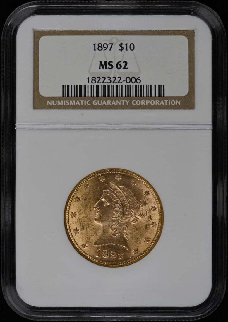 1897 Liberty Head $10 NGC MS62 Eagle Motto: 1897 Liberty Head $10 NGC MS62 Eagle Motto This 1897 Liberty Head $10 Eagle gold coin from the United States is graded MS62 by NGC, indicating it is in uncirculated condition. Minted in Philadelphia, 