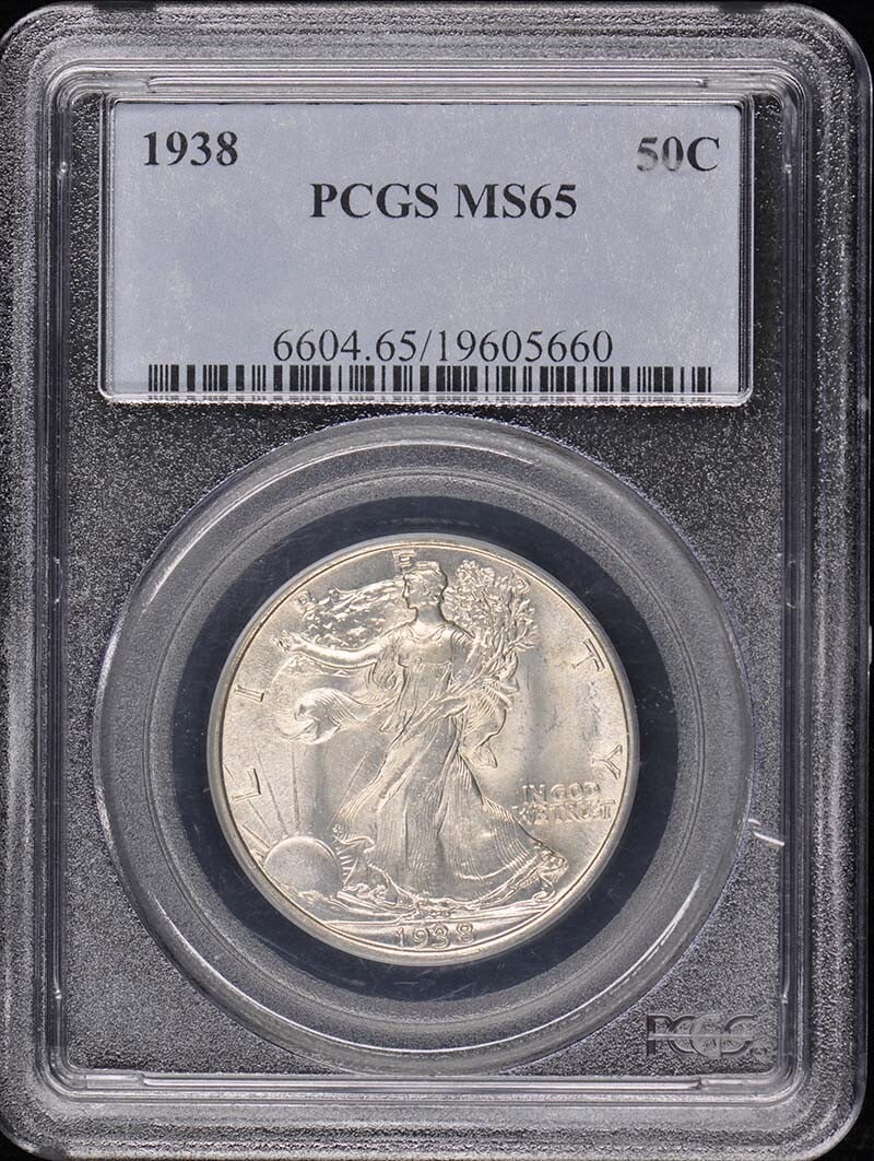 1938 Walking Liberty Half Dollar PCGS MS65 Uncirculated: 1938 Walking Liberty Half Dollar PCGS MS65 Uncirculated This 1938 Walking Liberty Half Dollar features a certification from PCGS with a grade of MS65, indicating it is in uncirculated condition. Minte