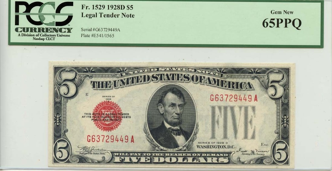 1928D $5 Legal Tender Note Red Seal PCGS Gem 65 PPQ (1 of 2)