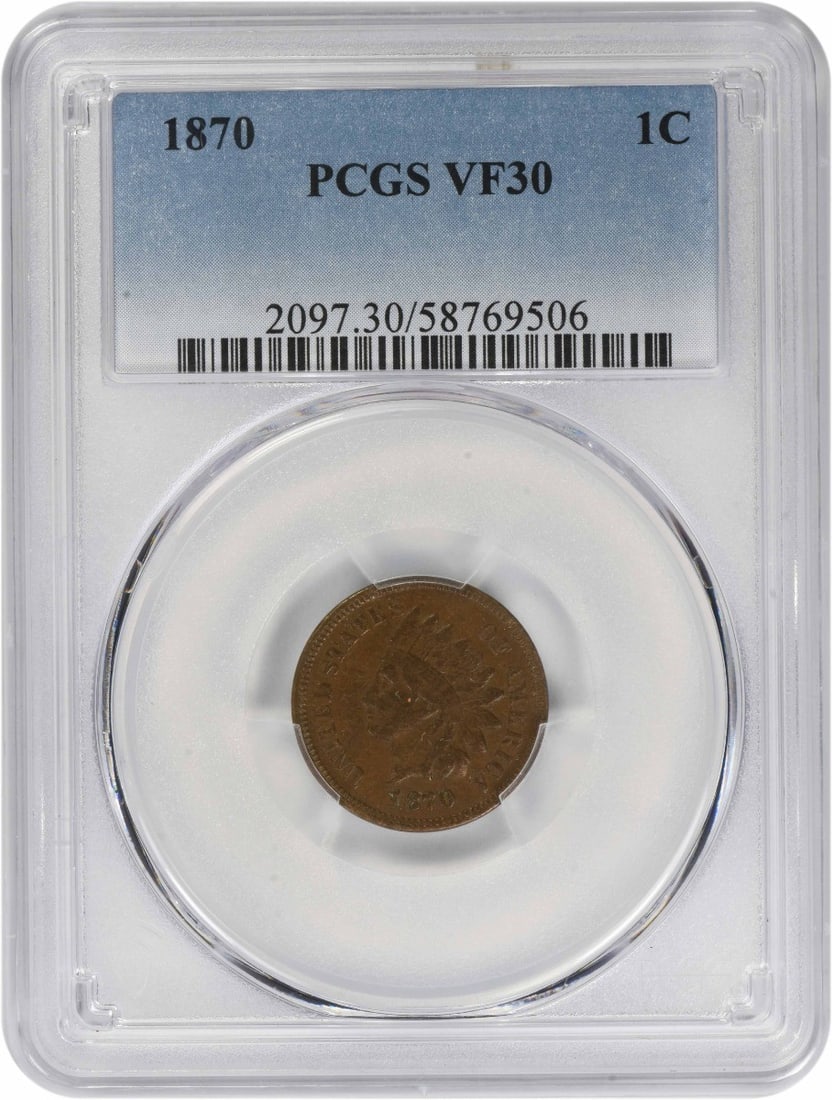 PCGS Certified 1870 Indian Head Small Cent VF Copper Coin: PCGS Certified 1870 Indian Head Small Cent VF Copper Coin This 1870 Indian Head Cent is a pre-owned coin graded VF30 by PCGS. Struck in copper, the coin is circulated and features no mint mark. It is 