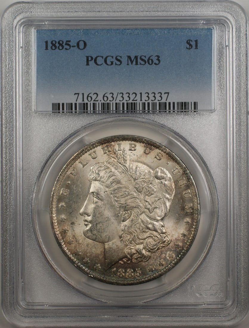 PCGS MS 63 1885-O Silver Dollar from New Orleans Mint: PCGS MS 63 1885-O Silver Dollar from New Orleans Mint This 1885-O Morgan Silver Dollar is an uncirculated $1 coin, certified by PCGS with a grade of MS 63. Minted in New Orleans and composed of silver