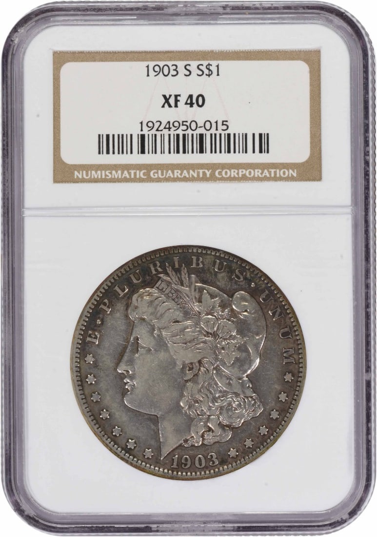 1903-S Morgan Silver Dollar EF40 NGC Certified Coin: 1903-S Morgan Silver Dollar EF40 NGC Certified Coin This 1903-S Morgan Silver Dollar is a prized piece for any numismatic collection. It features a beautiful design by George T. Morgan and is composed
