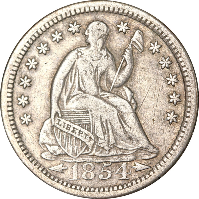 1854 O Silver Seated Liberty Half Dime: 1854 O Silver Seated Liberty Half Dime This is an 1854-O Seated Liberty Half Dime from the United States. The coin is composed of silver with a fineness of 0.9 and was minted in New Orleans. It is a c