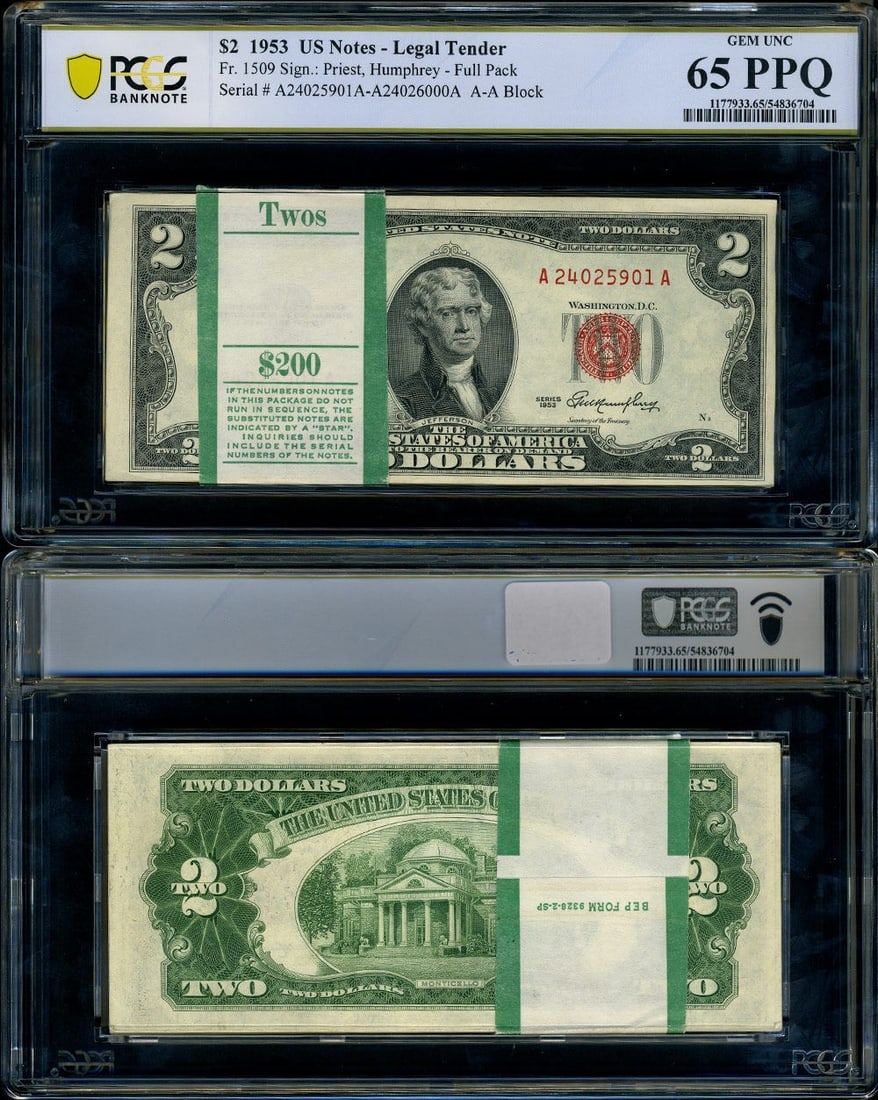 1953 $2 Legal Tender PCGS Gem CU65 Pack 100 Notes (1 of 3)