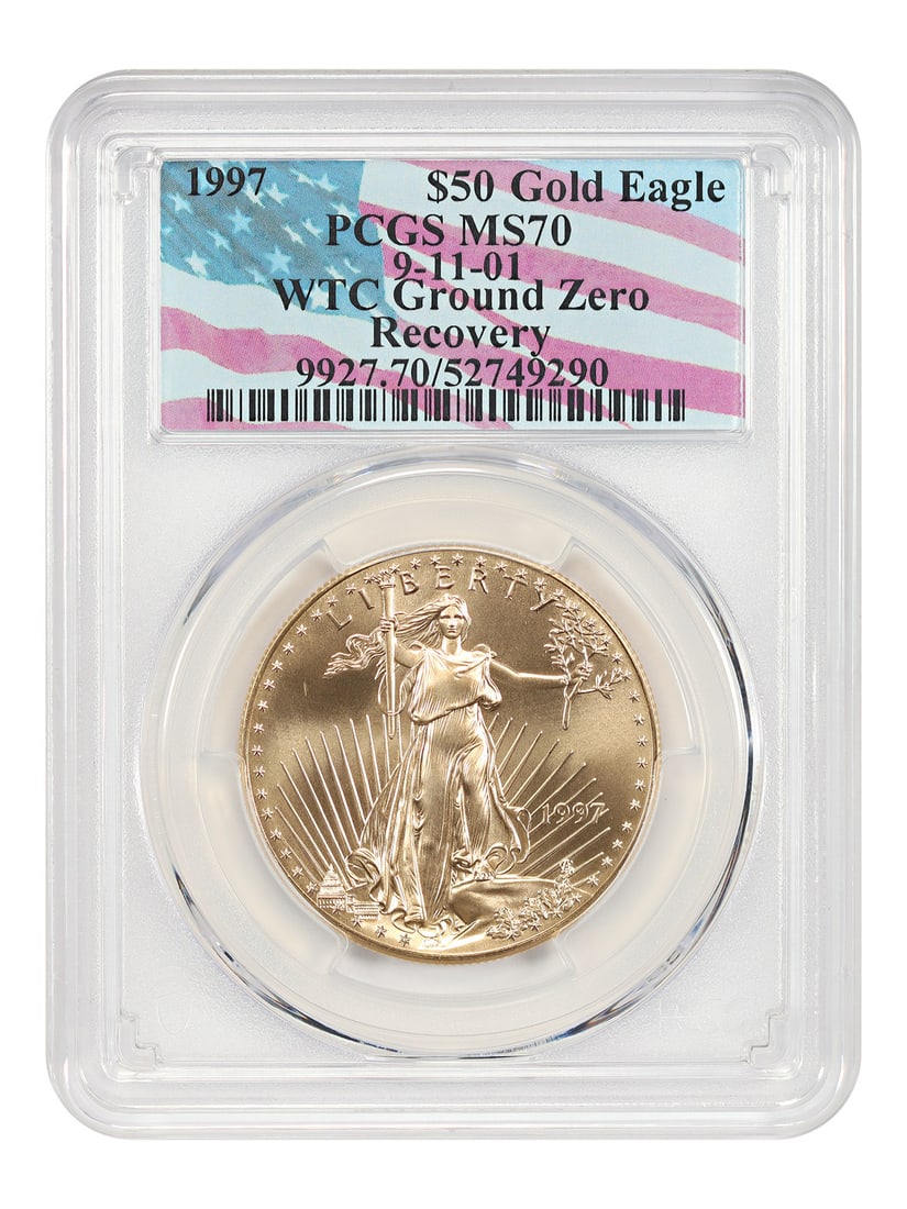 1997 PCGS MS70 Gold Eagle $50 Coin WTC Ground Zero Recovery: 1997 PCGS MS70 Gold Eagle $50 Coin WTC Ground Zero Recovery This 1997 $50 Gold Eagle coin is certified by PCGS with a grade of MS70 and originates from the WTC Ground Zero Recovery. The coin is uncirc
