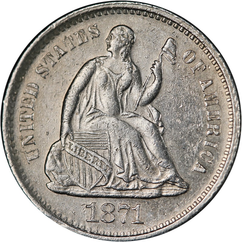 1871-S Seated Liberty Silver Half Dime AU BU: 1871-S Seated Liberty Silver Half Dime AU BU This 1871-S Seated Liberty Half Dime features attractive eye appeal, strong luster, and a well-defined strike. The coin displays bright white color and ple
