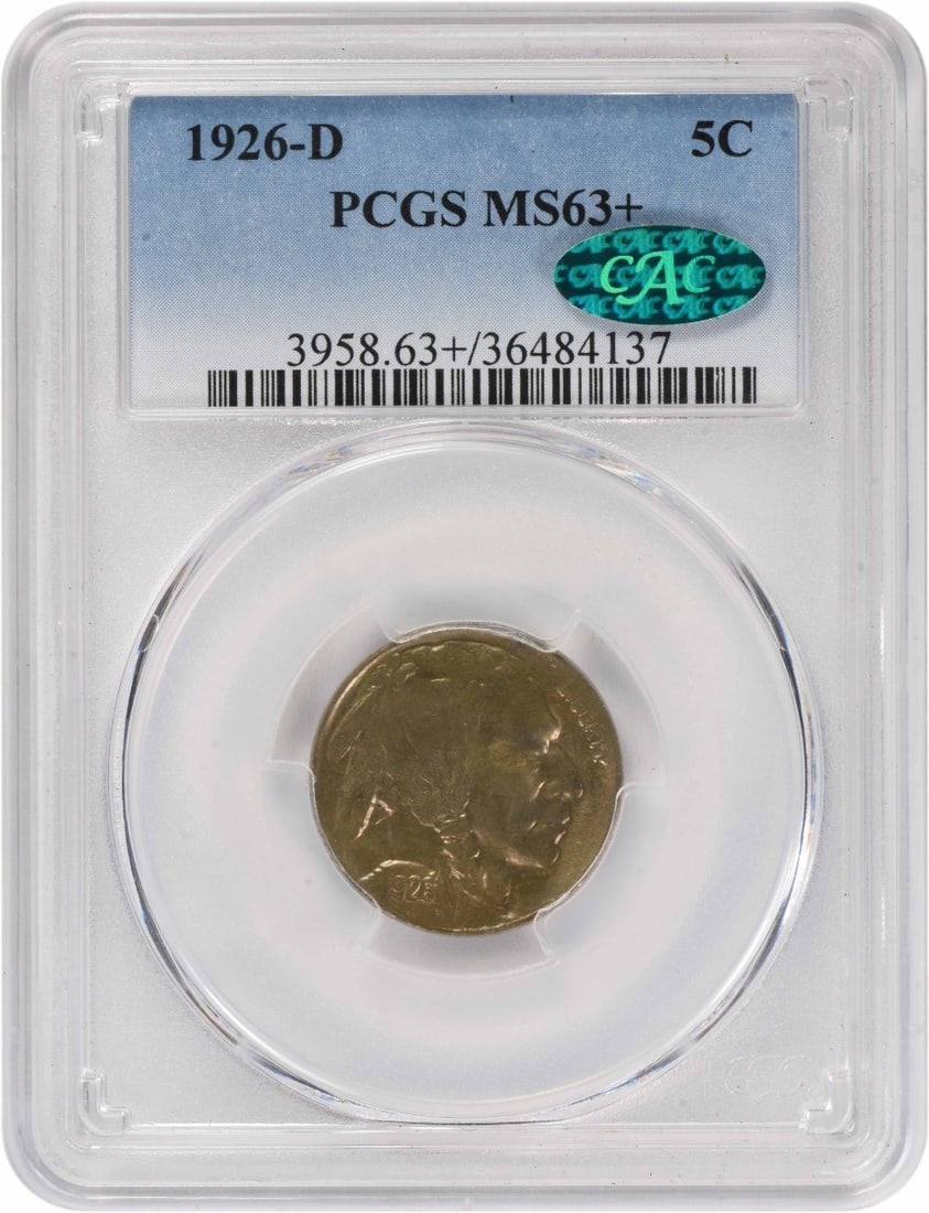 Buffalo 5C 1926 Denver Nickel MS63 PCGS Certified CAC Approved: Buffalo 5C 1926 Denver Nickel MS63 PCGS Certified CAC Approved This 1926-D Buffalo Nickel is graded MS63+ by PCGS and verified by CAC. Struck at the Denver Mint, the coin is composed of 75% copper and