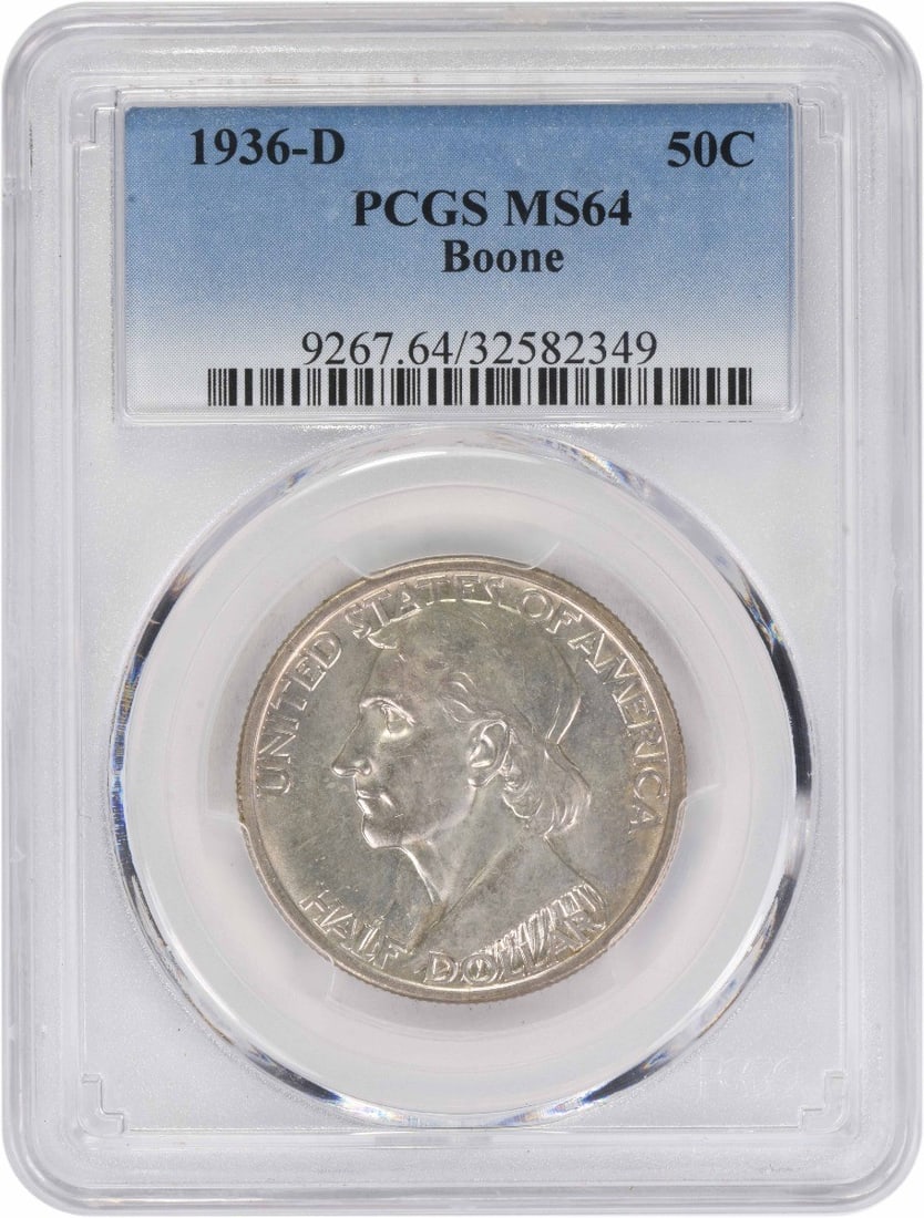 1936-D Boone Half Dollar PCGS MS64 Silver Commemorative: 1936-D Boone Half Dollar PCGS MS64 Silver Commemorative This 1936-D Boone Commemorative Silver Half Dollar is a United States coin graded MS64 by PCGS. Struck in silver, it is an uncirculated, pre-own