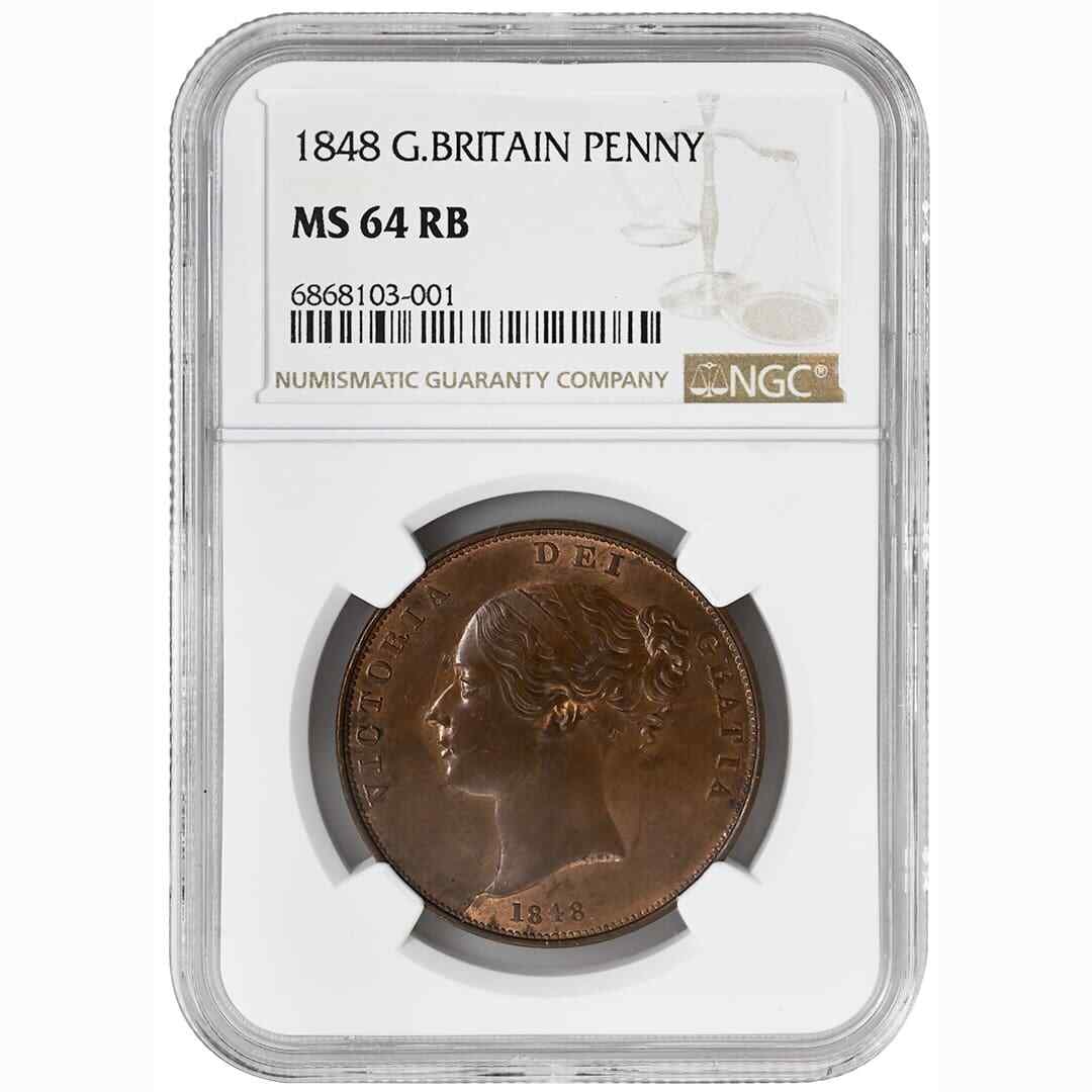 1848 Victoria Great Britain 1 Penny NGC MS64RB Copper: 1848 Victoria Great Britain 1 Penny NGC MS64RB Copper This is an 1848 Great Britain 1 Penny coin featuring Queen Victoria. Certified by NGC with a grade of MS64RB, this uncirculated copper coin is a c