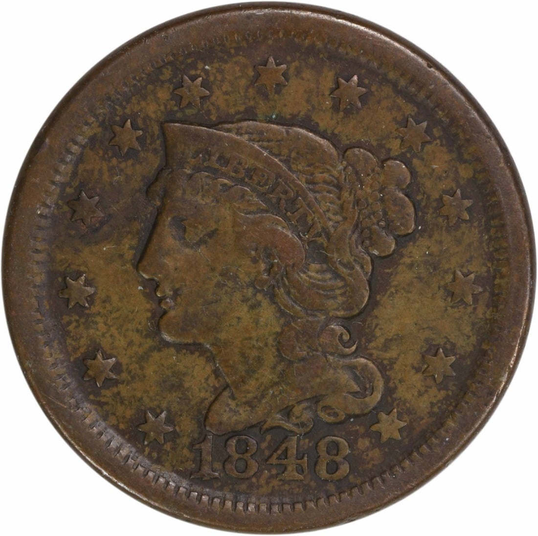 1848 Braided Hair Large Cent VF Uncertified Copper Coin: 1848 Braided Hair Large Cent VF Uncertified Copper Coin This 1848 Large Cent features the classic Braided Hair design by Christian Gobrecht. It is a circulated coin from the Philadelphia mint with a s