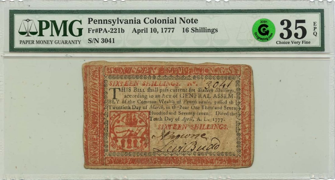 1777 Pennsylvania Colonial Currency FR#PA-221b PMG VF35 EPQ Red Black (1 of 2)