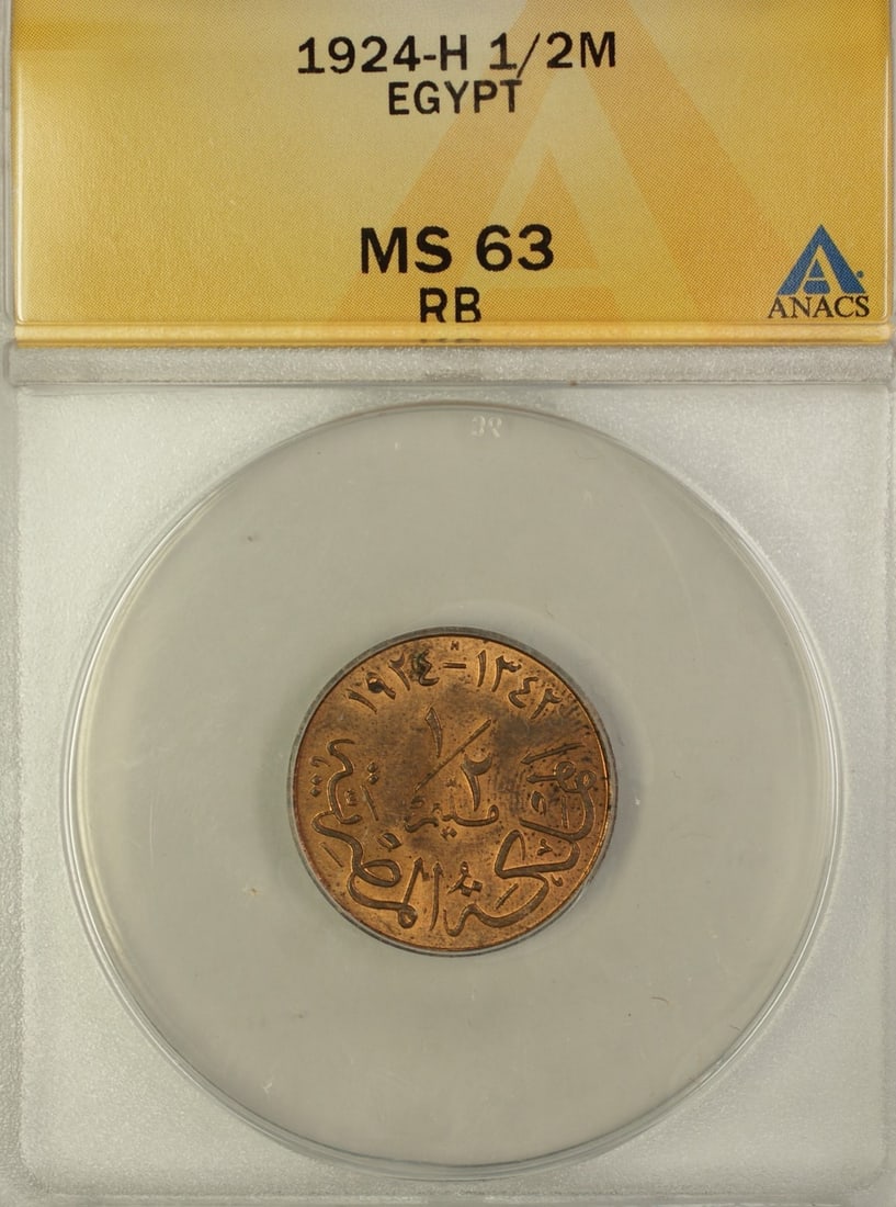 Egypt 1924-H Bronze Half Milleme ANACS MS-63 RB Uncirculated Coin: Egypt 1924-H Bronze Half Milleme ANACS MS-63 RB Uncirculated Coin This is a 1924-H Egypt 1/2 Milleme bronze coin certified by ANACS with a grade of MS-63 RB. The coin is uncirculated and composed of b