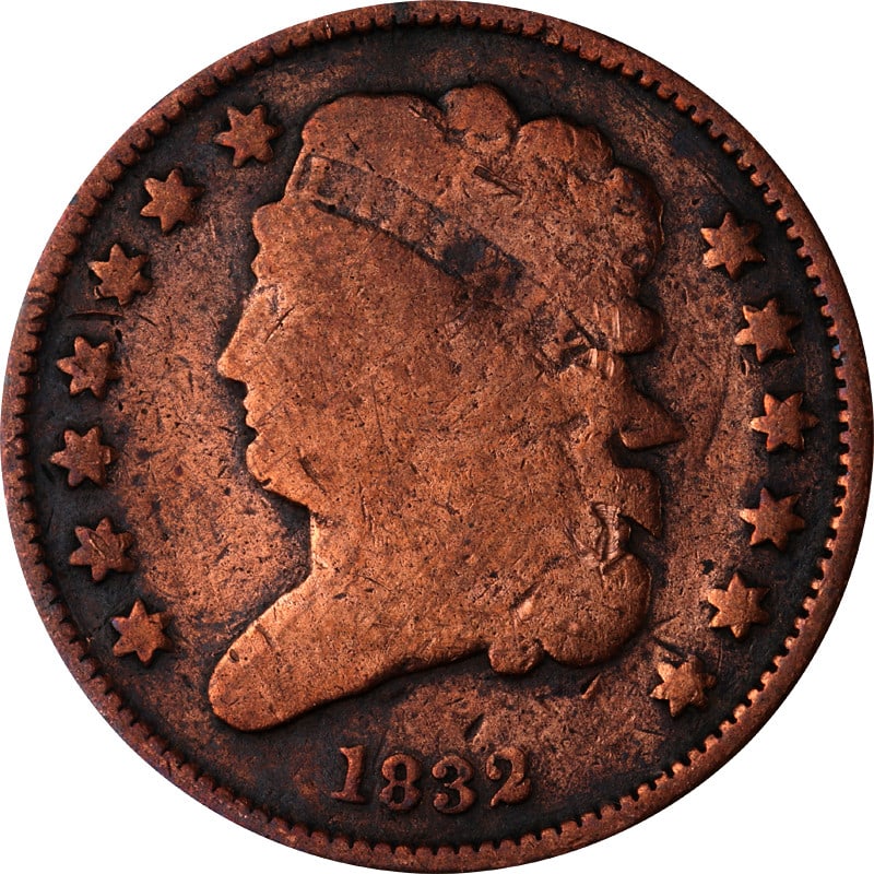 1832 United States Copper Half Cent Coin Circulated Uncertified: 1832 United States Copper Half Cent Coin Circulated Uncertified This 1832 Half Cent is a circulated coin composed of copper, originating from the United States. It is an un-certified, pre-owned collec