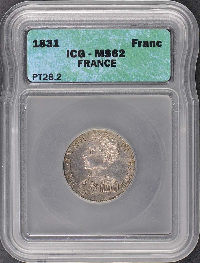 1831 France 1 Franc Coin ICG MS62 Certified Uncirculated: 1831 France 1 Franc Coin ICG MS62 Certified Uncirculated This stunning 1831-A France Essai 1F Maz-911 coin is certified by ICG with a grade of MS62, indicating its uncirculated condition. The coin sho
