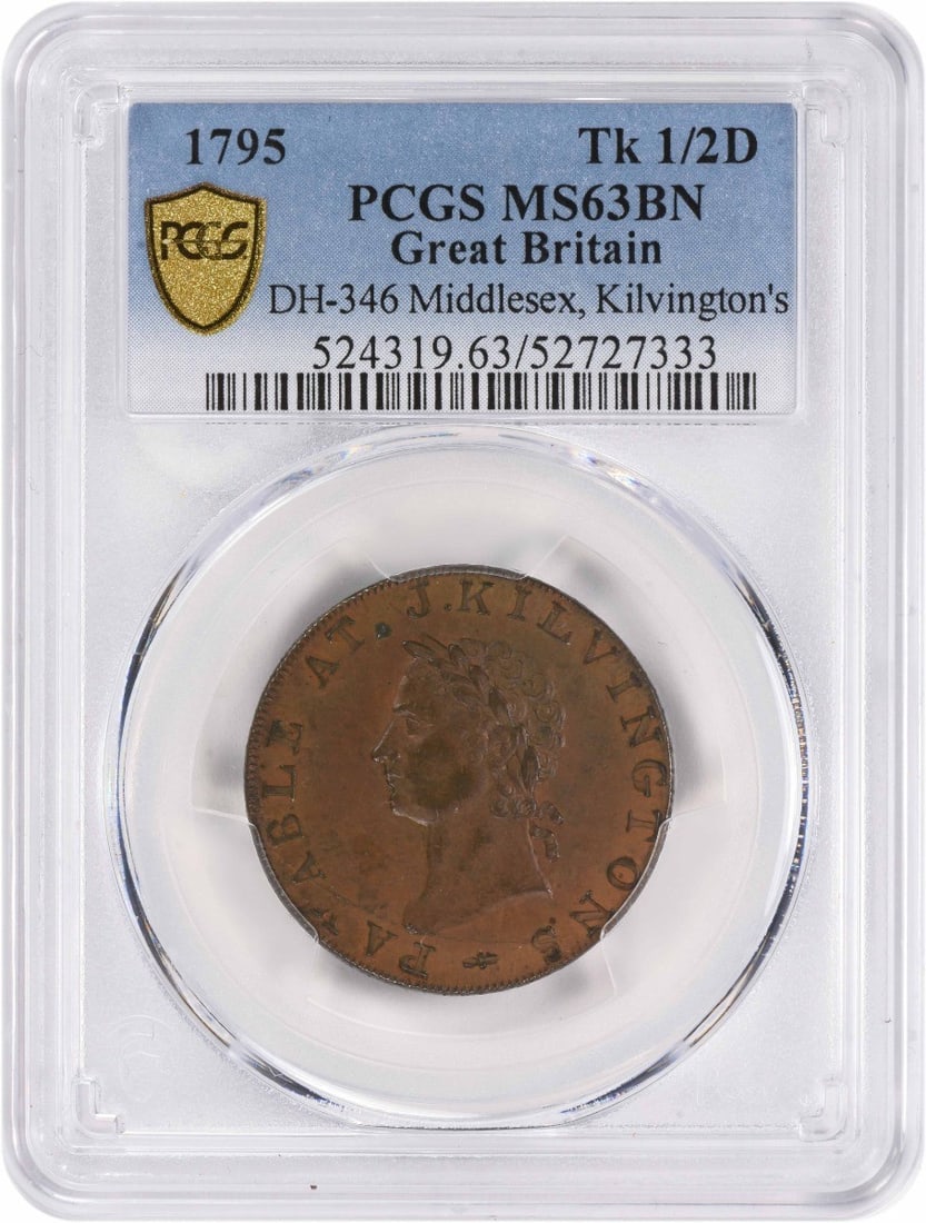 PCGS MS63BN 1795 Middlesex Kilvington Halfpenny Conder Token Great Britain (1 of 2)