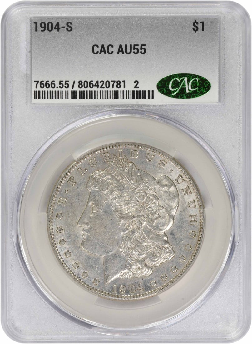 1904 San Francisco Morgan Dollar AU55 CACG Certified Silver Coin: 1904 San Francisco Morgan Dollar AU55 CACG Certified Silver Coin This is a 1904-S Morgan Silver Dollar graded AU55 by CACG. The coin was minted in San Francisco and features a composition of 90% silve