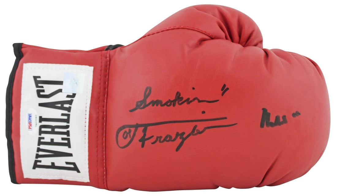 Muhammad Ali Joe Frazier Signed Red Everlast Glove PSA/DNA: Muhammad Ali Joe Frazier Signed Red Everlast Glove PSA/DNA This authentic red Everlast boxing glove features the signatures of two legendary boxing champions, Muhammad Ali and Joe Frazier, along with 