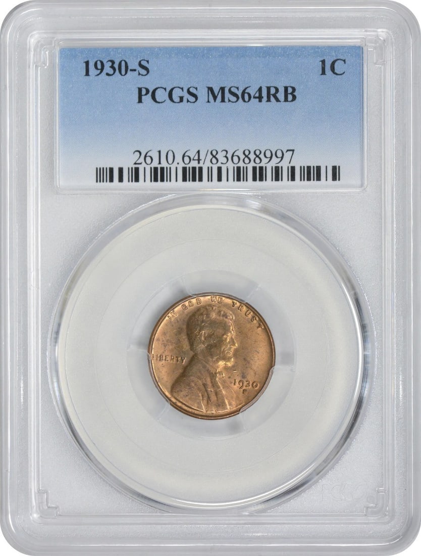 1930-S Lincoln Cent MS64RB PCGS San Francisco Mint: 1930-S Lincoln Cent MS64RB PCGS San Francisco Mint This 1930-S Lincoln Cent is a remarkable addition to any coin collection, featuring a high grade of MS64RB certified by PCGS. Struck in San Francisco