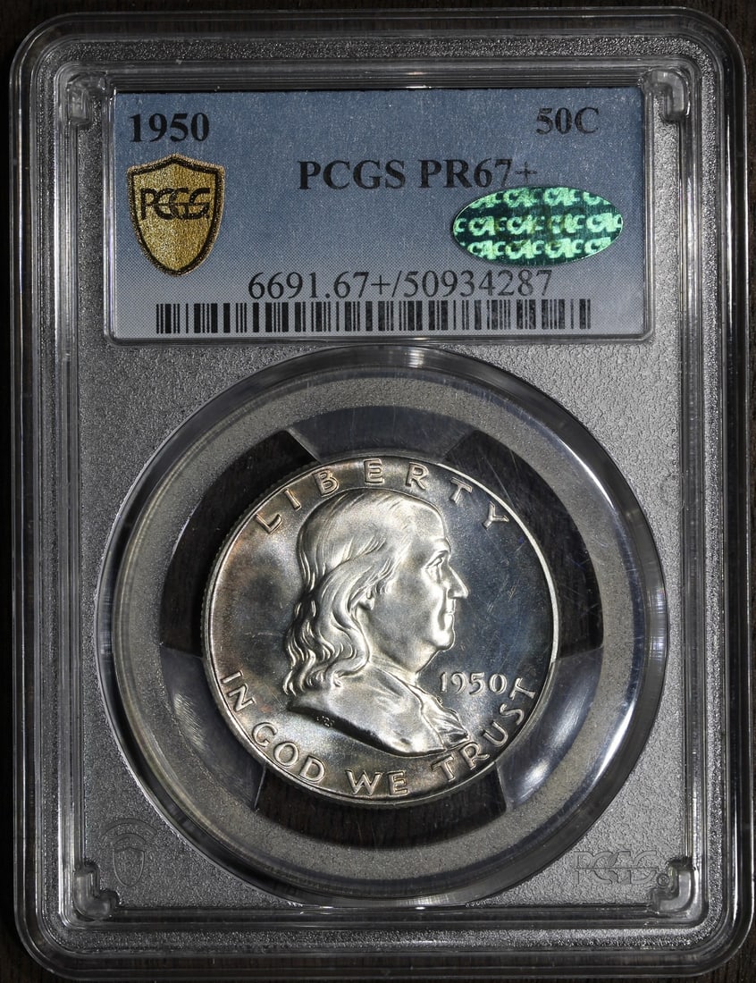 1950 Franklin Half Dollar PR67+ CAC PCGS Proof Silver Key Date: 1950 Franklin Half Dollar PR67+ CAC PCGS Proof Silver Key Date This 1950 Franklin Half Dollar is a stunning example of numismatic excellence. Graded PR 67+ by PCGS, this uncirculated coin features a p