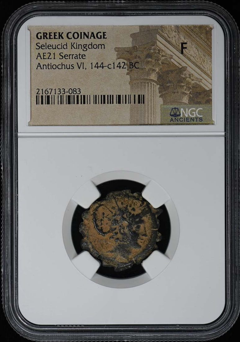 Seleucid AE21 Serrate Greek Coin NGC F: Seleucid AE21 Serrate Greek Coin NGC F This is a Seleucid Kingdom AE21 serrate coin from ancient Greece, graded Fine (F) and certified by NGC. The coin originates from the Greek region and is a