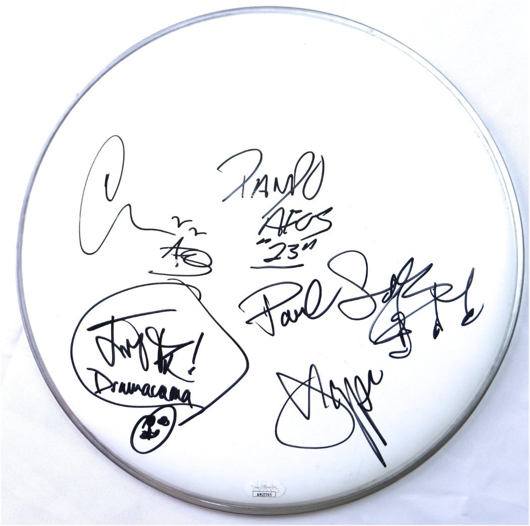 12 inch signed drumhead A Flock of Seagulls JSA authenticated: 12 inch signed drumhead A Flock of Seagulls JSA authenticated This is an original 12-inch drumhead autographed by members of the band A Flock of Seagulls, including Mike Score, Pando, Gord Deppe, and