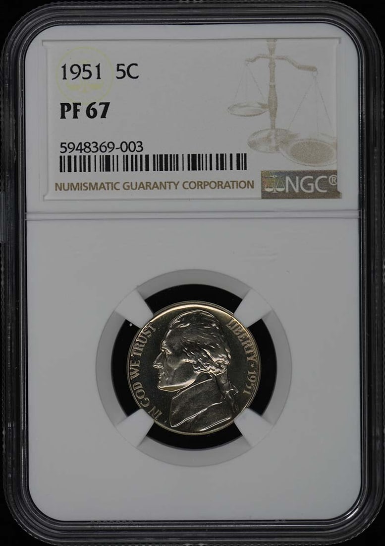 1951 NGC PR67 Jefferson Nickel Proof Uncirculated Philadelphia Mint: 1951 NGC PR67 Jefferson Nickel Proof Uncirculated Philadelphia Mint This stunning 1951 Jefferson Nickel is a remarkable addition for any coin collector. Graded PR67 by NGC, this uncirculated coin show