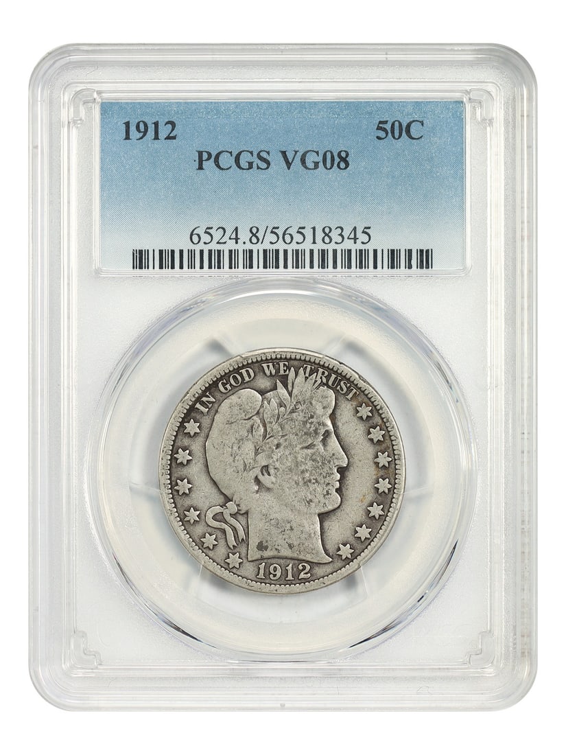 PCGS VG08 1912 Philadelphia Barber Half Dollar 50C: PCGS VG08 1912 Philadelphia Barber Half Dollar 50C This 1912 Barber Half Dollar features a denomination of 50 cents and was minted in Philadelphia. The coin is graded VG08 by PCGS and is a circulated 