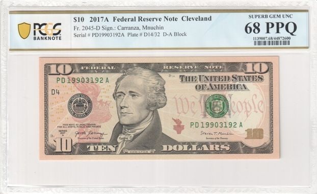 PCGS MS68 PPQ 2017A Ten Dollar Cleveland Federal Reserve Note: PCGS MS68 PPQ 2017A Ten Dollar Cleveland Federal Reserve Note This 2017A $10 Federal Reserve Note from Cleveland is certified by PCGS Banknote as Superb GEM 68 PPQ, reflecting its outstanding quality.