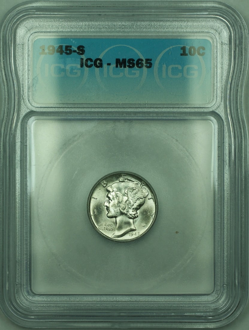 ICG MS-65 1945-S Silver Mercury Dime Ten Cent Coin: ICG MS-65 1945-S Silver Mercury Dime Ten Cent Coin This is a 1945-S Mercury Silver Dime with a denomination of 10 cents. The coin is composed of 90% silver and was minted in San Francisco. It is grade