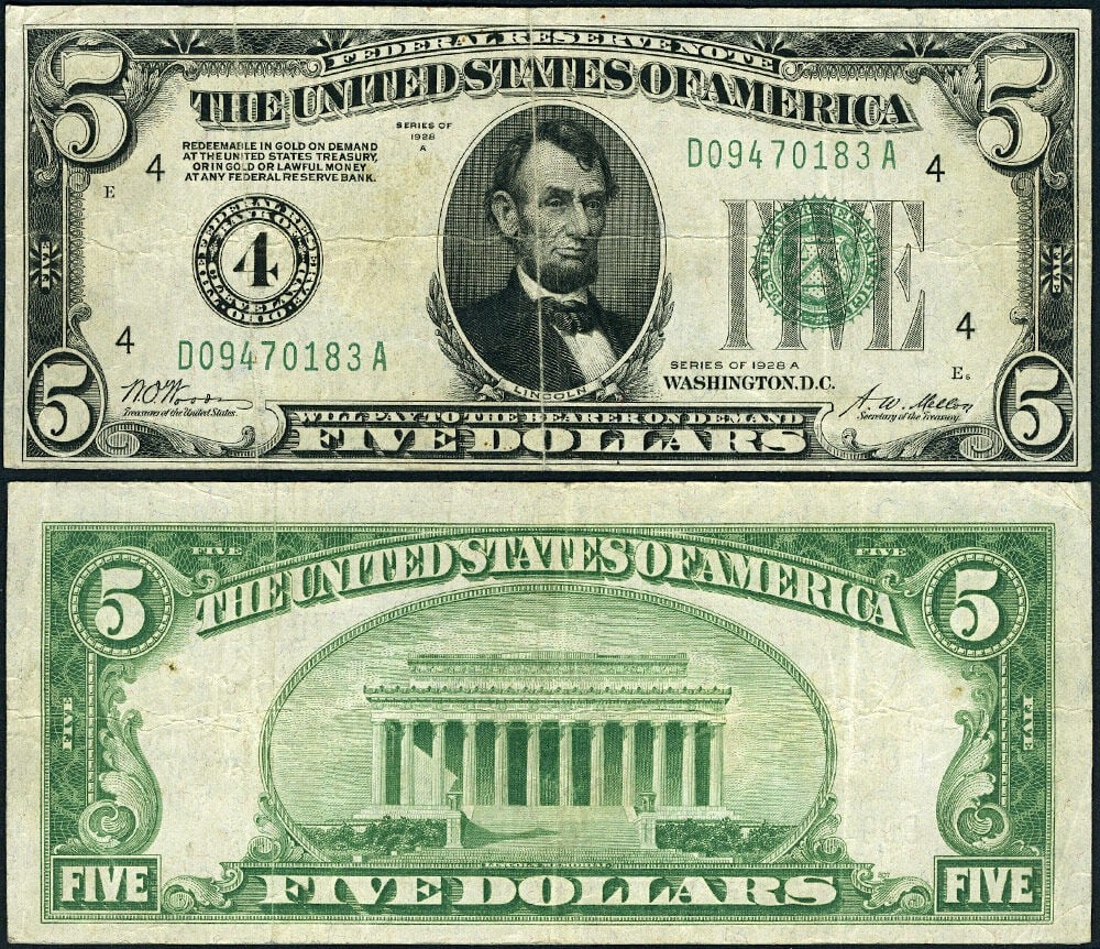 1928-A $5 Federal Reserve Note Cleveland D-A Block Circulated: 1928-A $5 Federal Reserve Note Cleveland D-A Block Circulated This 1928-A Federal Reserve Note features a denomination of $5 and originates from the Cleveland D-A Block. It is classified as circulated